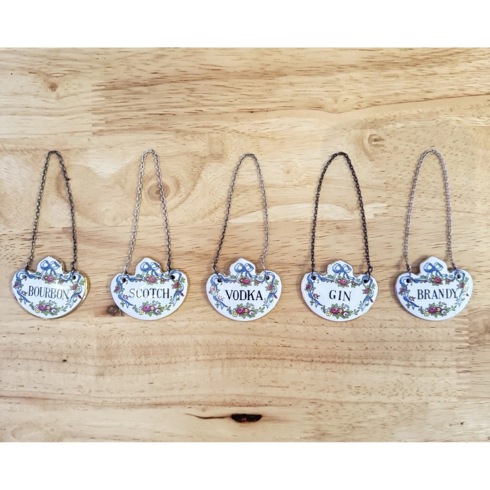 Set Of 5 Vintage Crown Staffordshire England Bone China Bottle Decanter Tags Bow